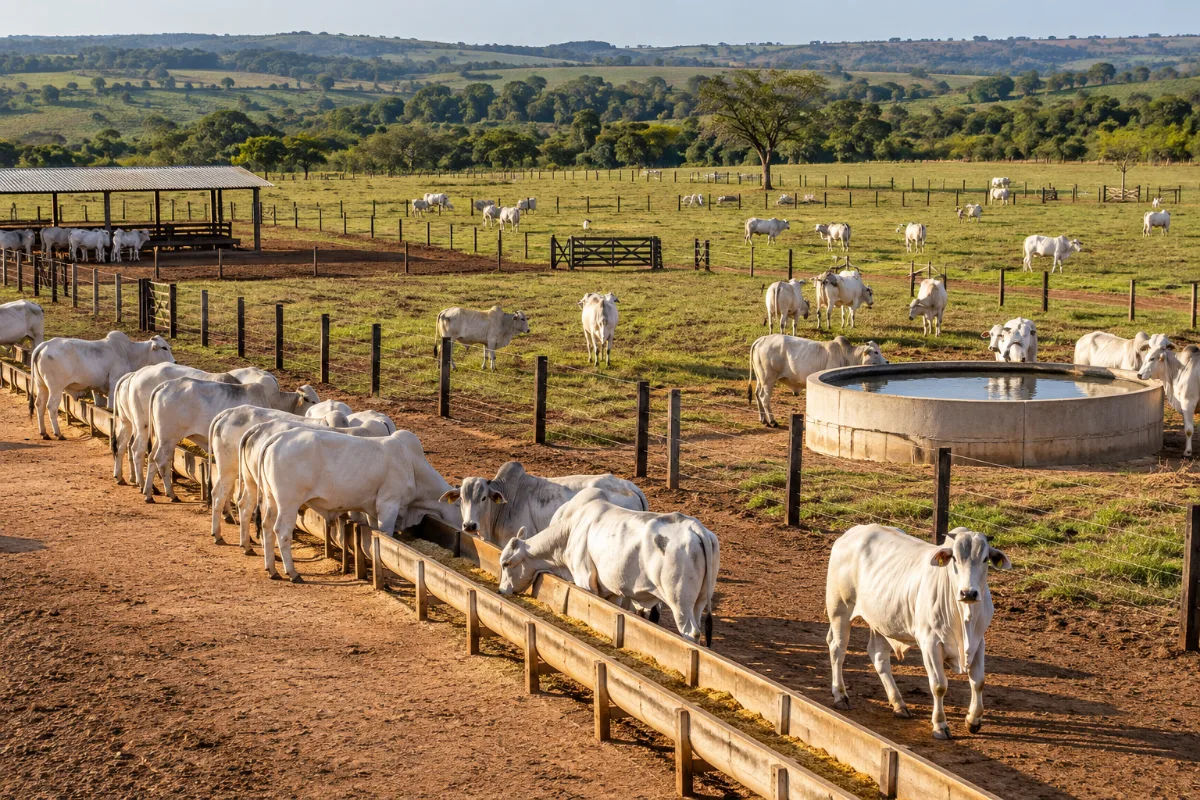 Fazenda de porte médio com cercas e instalações organizadas