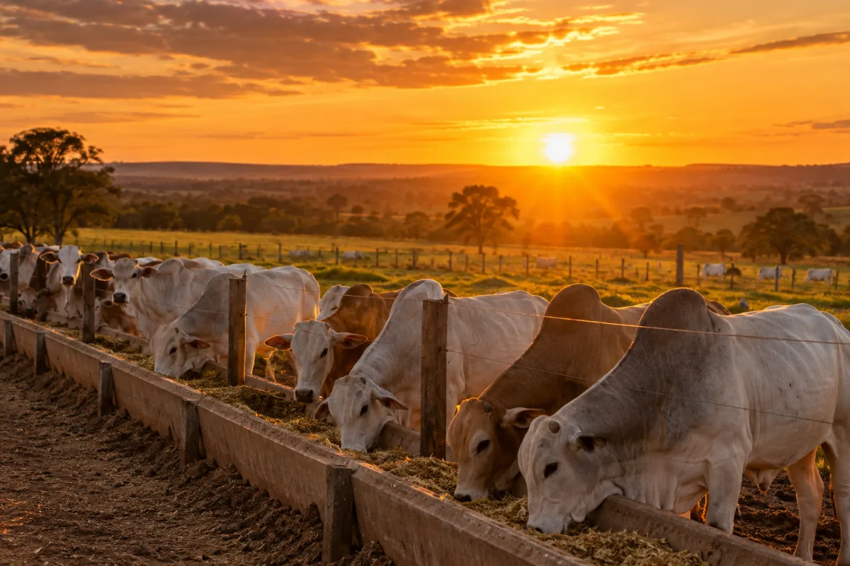 Bovinos próximos ao cocho ao entardecer