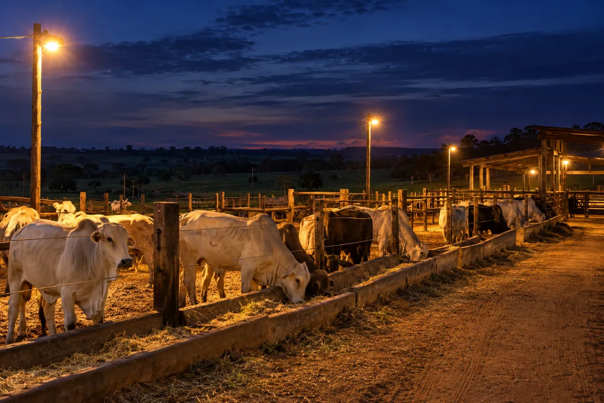 Área externa de alimentação de bovinos com iluminação rural noturna