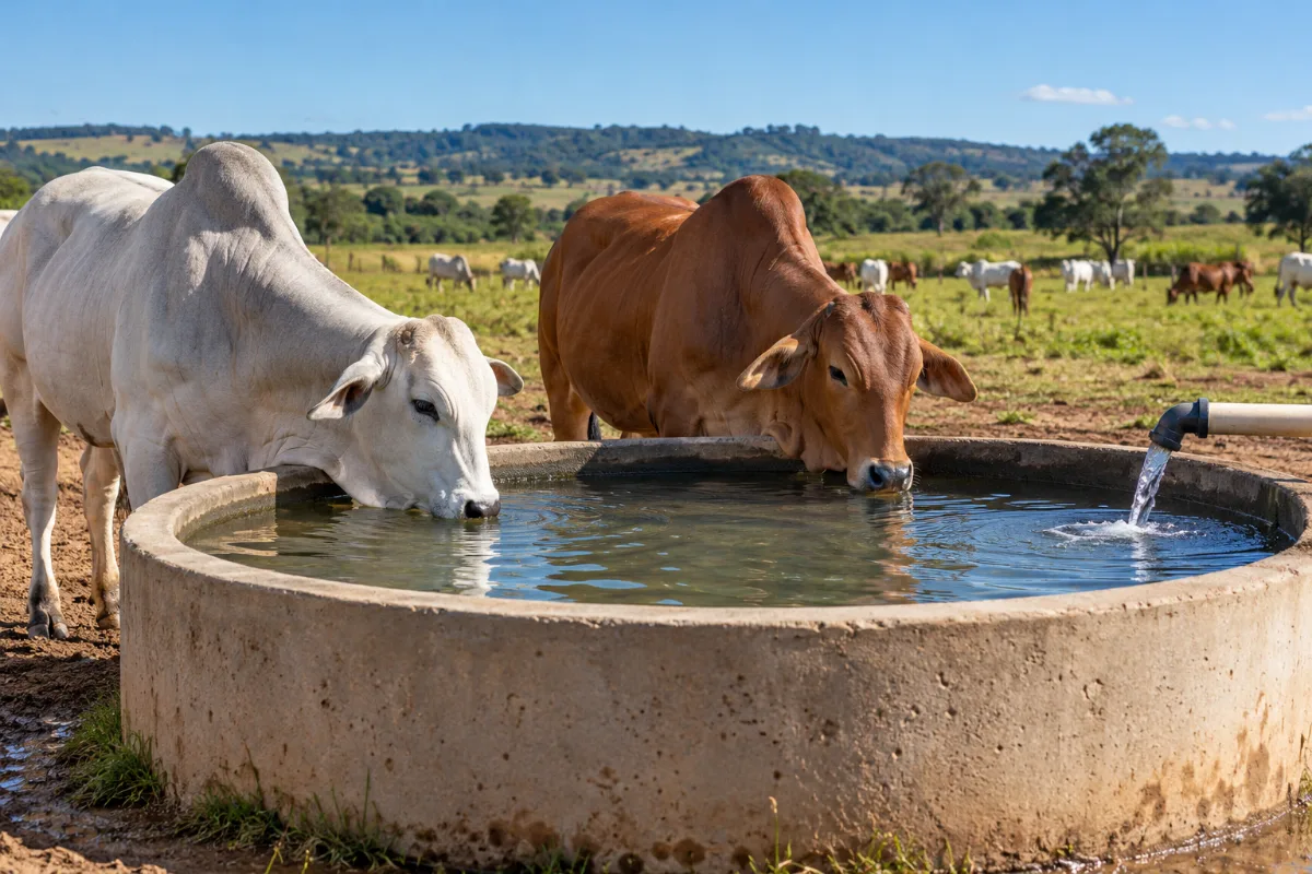 Bebedouro de concreto com bovinos em uma área de pastagem